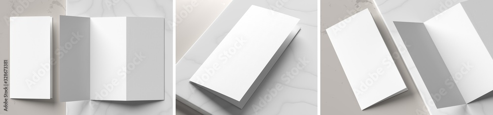 Trifold brochure mock up isolated on white marble background. Trifold brochure mock up rendered with three different variations. 3D illustration. - obrazy, fototapety, plakaty 