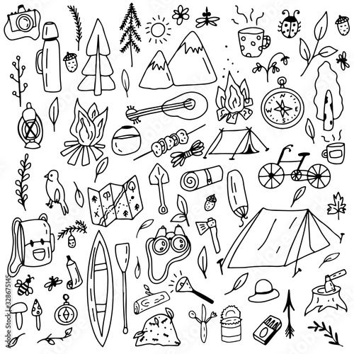 Doodle style camping set. Camping, hiking on an isolated white background. Nature, forest recreation, sport. Stock vector illustration