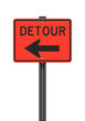 Vector illustration of the Detour Left Arrow orange road sign on metallic black post