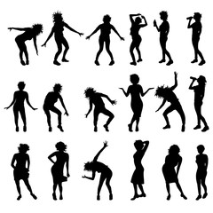 Wall Mural - Vector silhouette of collection of dancing women on white background. Symbol of people.