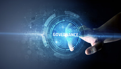 Poster - Hand touching GOVERNANCE button, modern business technology concept