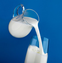 Pouring Milk In Glass Isolated On Blue Background