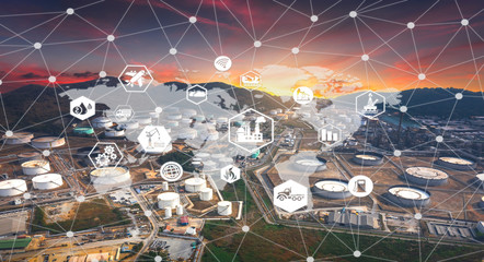Wall Mural - Double exposure of oil refinery industry zone and icon connecting networking for information and using modern  technology, Industrail 4.0 concept.