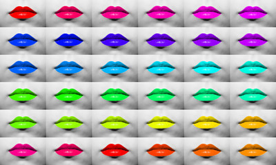 Wall Mural - A collection of female lips with lipstick of different colors and shades macro close-up on the background of the face in black and white color.