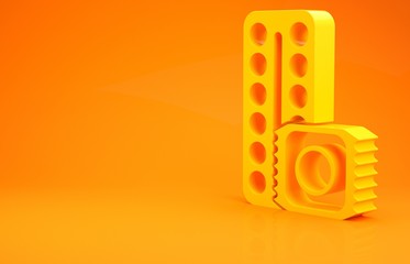 Yellow Packaging of birth control pills and condom in package safe sex icon isolated on orange background. Contraceptive pill. Minimalism concept. 3d illustration 3D render