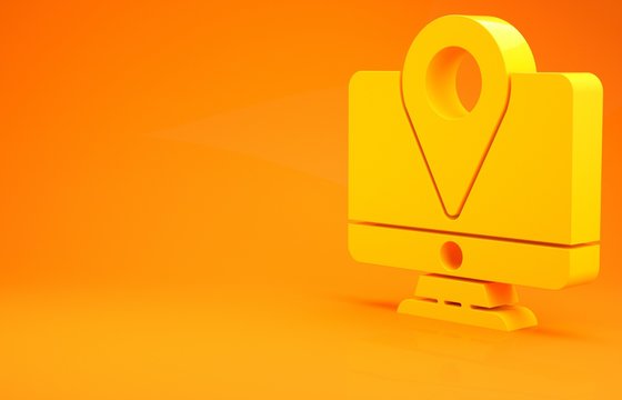 Yellow Computer monitor and folded map with location marker icon isolated on orange background. Minimalism concept. 3d illustration 3D render