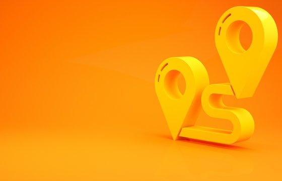 Yellow Route location icon isolated on orange background. Map pointer sign. Concept of path or road. GPS navigator. Minimalism concept. 3d illustration 3D render