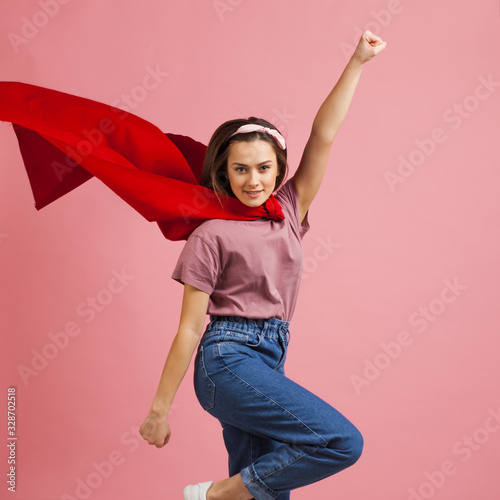 Superpowers, a supergirl in a red Cape is flying to the rescue. Tableau sur Toile