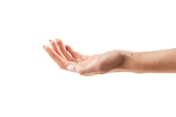 female hand opened palm up it is isolated on a white background