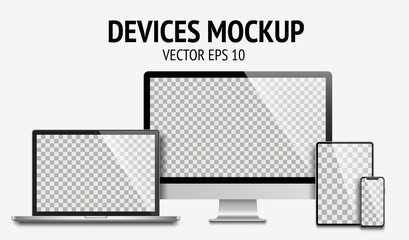 Poster - realistic devices mockup set of monitor, laptop, tablet, smartphone dark grey color - stock vector.
