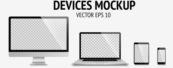 Poster - realistic devices mockup set of monitor, laptop, tablet, smartphone dark grey color - stock vector.