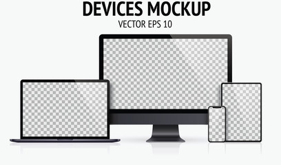 Poster - realistic devices mockup set of monitor, laptop, tablet, smartphone dark grey color - stock vector.