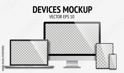Fotografía Realistic devices mockup set of Monitor, laptop, tablet, smartphone dark grey color - Stock Vector