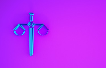 Blue Scales of justice icon isolated on purple background. Court of law symbol. Balance scale sign. Minimalism concept. 3d illustration 3D render