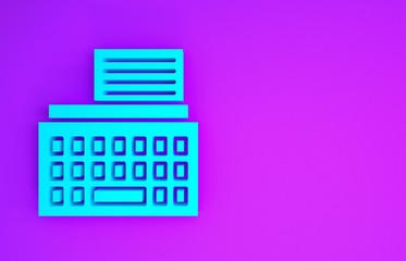 Blue Retro typewriter and paper sheet icon isolated on purple background. Minimalism concept. 3d illustration 3D render