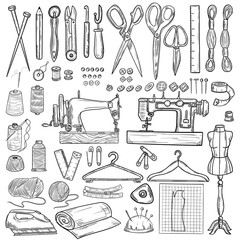 tailor or dressmaker work and fashion designer atelier sketch items. vector sewing illustration in r