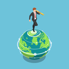 Poster - Isometric businessman standing on the world and looking through a telescope