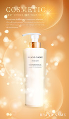 Poster - 3D transparent cosmetic bottle container with shiny golden glimmering background template banner.