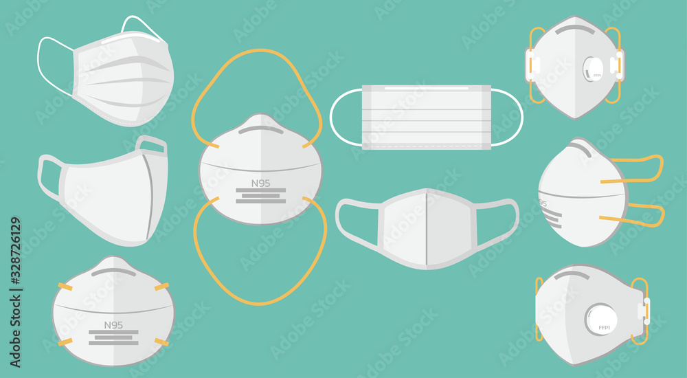 set of breathing protective medical respiratory ffp1, N95, cloth, surgical masks, dust protection respirator, air pollution, disease, virus prevention, flu protection, vector flat illustration - obrazy, fototapety, plakaty 