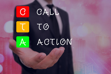 Fototapete - Conceptual hand writing showing Cal To Action. Concept meaning Calling to do Actions message. Encourage Start of Decision or inspire to do something. Move to advance Successful strategy
