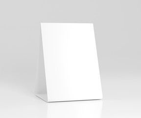 Wall Mural - Promotional table talker isolated on white background, mockup template paper tri-fold vertical triangle cards with reflections. white sheets front & left and right view. 3d render