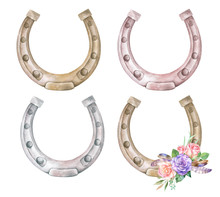  Watercolor Illustration With Horseshoes And Floral Decoration.