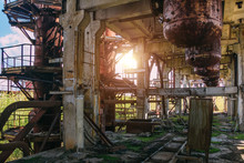 Abandoned Ruined Chemical Plant With Remain Rusty Tanks And Pipes