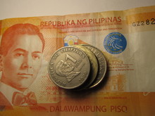 Different Philippines Coins On Banknote Background.