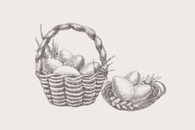 Set Of Hand-drawn Symbols Of Spring Religious Holiday. Easter Eggs Lie In A Nest And A Basket With Primroses. Happy Easter. Festive Seasonal Vector Illustration On A Light Background.