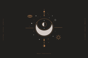 Mystical composition with a crescent, eye, stars and on a dark background. Boho style and esoteric. Ethnic magic and astrological symbols. Vector illustration.