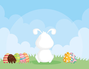 Poster - happy easter celebration card with rabbit and eggs painted