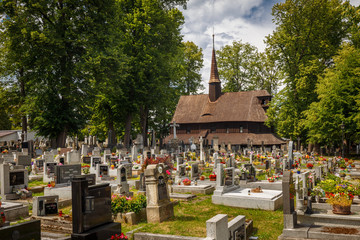 Church of the Virgin Mary in Broumov during beautiful sunny day with blues sky – The oldest wooden church in  Czech Republic and second oldest in Europe