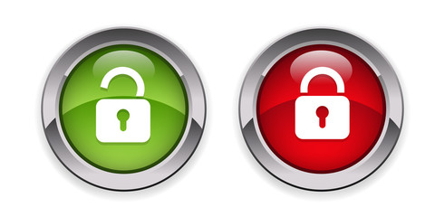 lock unlock silver metallic glossy icons, red, green set of modern design buttons isolated on white background 