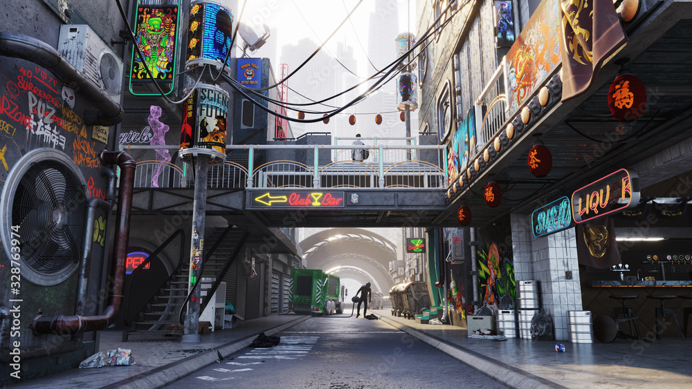 Ilustração Cyberpunk city concept, alley street, daytime 3D