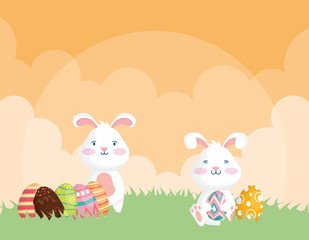 Poster - happy easter celebration card with rabbits and eggs painted