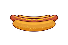 Cartoon Fast Food Hotdog With Black Linear Border. Hot Dog Sausage In Bread Bun With Mustard Flat Vector Illustration