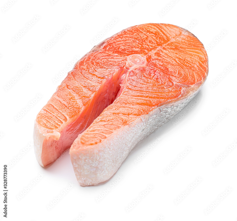 Raw salmon steak on white background