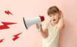 © Pixel-Shot - Cute little girl with megaphone trying to hear something on color background