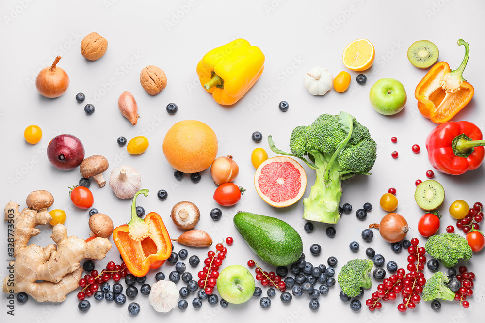 Healthy products on white background