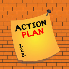 Text sign showing Action Plan. Business photo text the detailed plan outlining actions needed to reach goals Curved reminder paper memo nailed colorful surface stuck blank pin frame