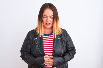 Poster - Young beautiful woman wearing striped shirt and jacket over isolated white background with hand on stomach because indigestion, painful illness feeling unwell. Ache concept.