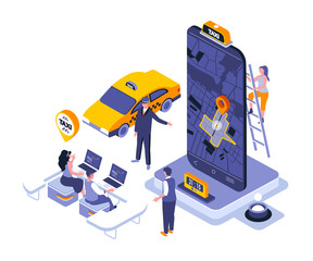 Poster - Taxi service landing page vector template. Urban transport call website header UI layout with isometric illustration. Fast trip on car, journey destination web banner isometry concept