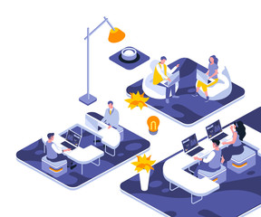 Poster - Coworking office landing page vector template. Freelance startup team website header UI layout with isometric illustration. Professional meeting in workplace web banner isometry concept