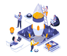 Poster - Brainstorming landing page vector template. Corporate strategy planning website header UI layout with isometric illustration. Creative thinking and imagination web banner isometry concept