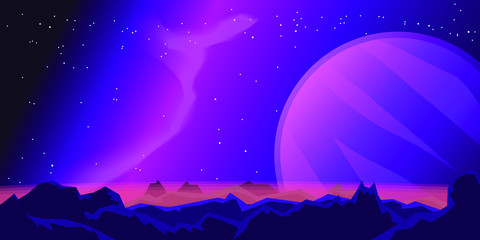 cosmic background of an alien distant planet and its satellite. mountains and rocks, stars and nebul