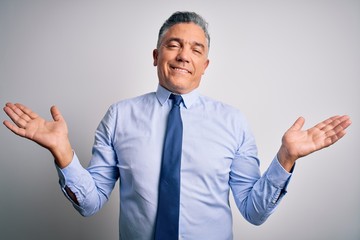 Poster - Middle age handsome grey-haired business man wearing elegant shirt and tie smiling showing both hands open palms, presenting and advertising comparison and balance