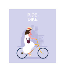 Sticker - woman with bicycle, label ride bike