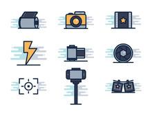 Photography Line Fill Block Style Icon Set Vector Design