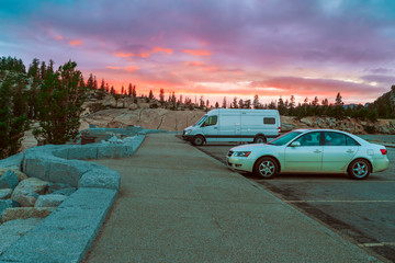 Wall Mural - Parking at Olmsted Point overlook at sunset.Yosemite National Park.California.USA