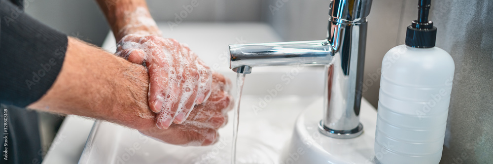 Corona virus travel prevention wash hands with soap and hot water. Hand hygiene for coronavirus outbreak. Protection by washing hands frequently concept panoramic banner header. - obrazy, fototapety, plakaty 